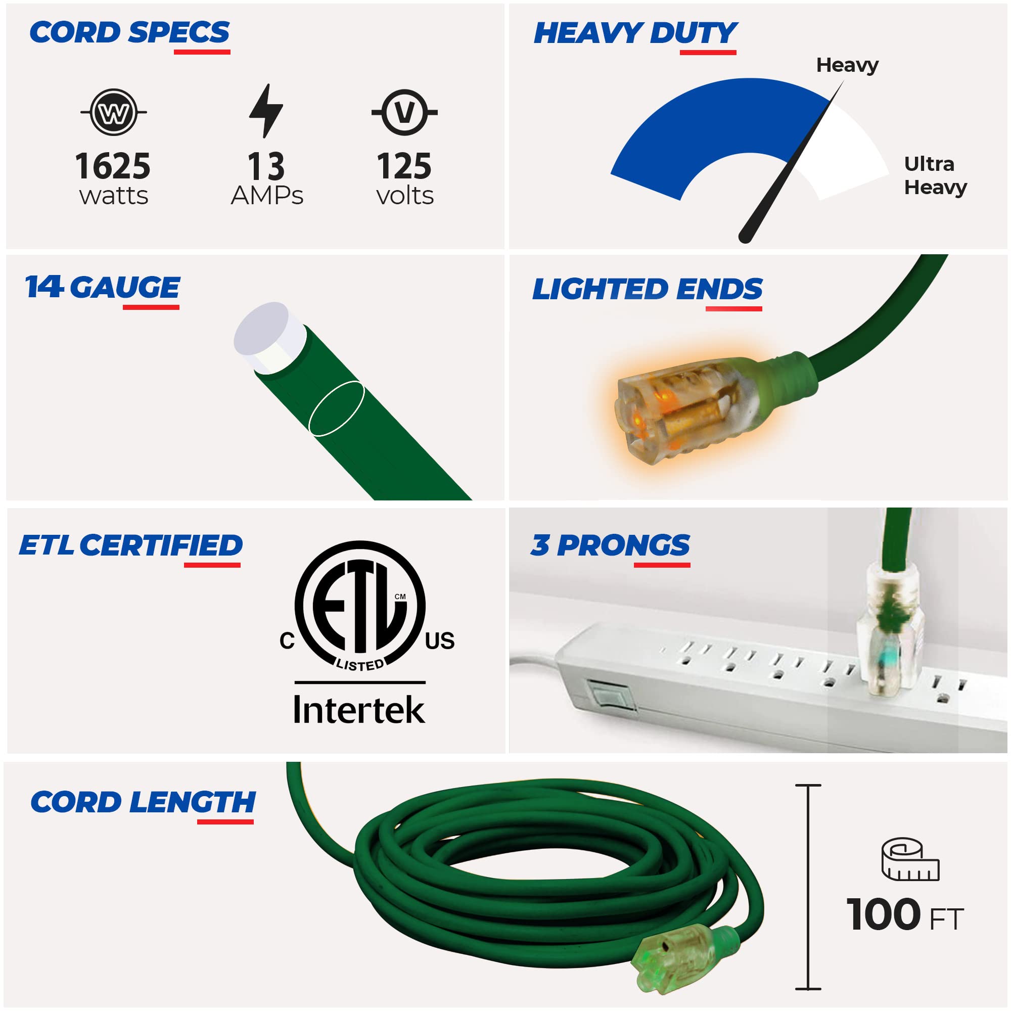 100 ft 14 gauge 3 prong SJTW Green Lighted End Extension Cord I712