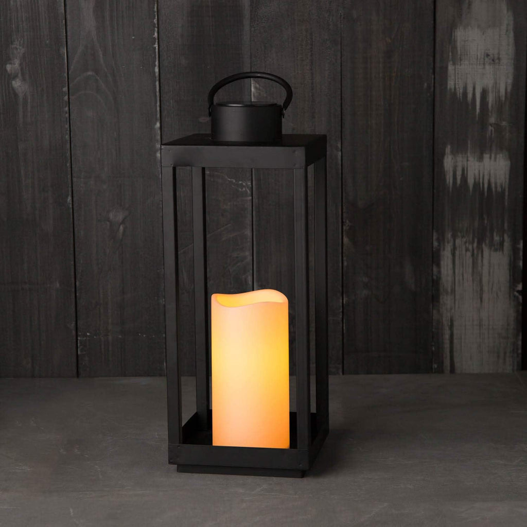 Large Outdoor Lantern with Solar Candle, 18 Inch Tall, Matte Black Metal Frame M3187