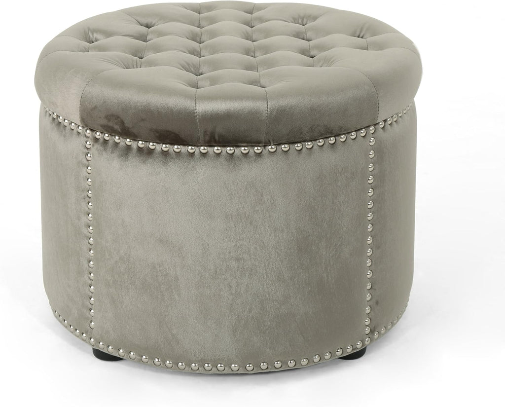 Grey Velvet Tufted Ottoman V9371