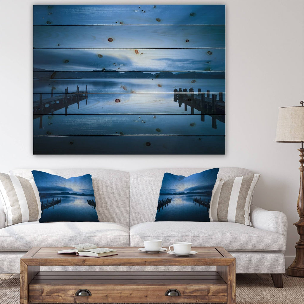 Dark Blue Sea and Piers Seascape Print on Natural Pine Wood J215