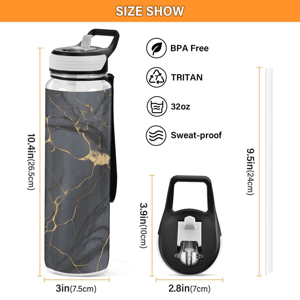 Black and Golden Marble 32oz Tritan Water Bottles with Straw C488422