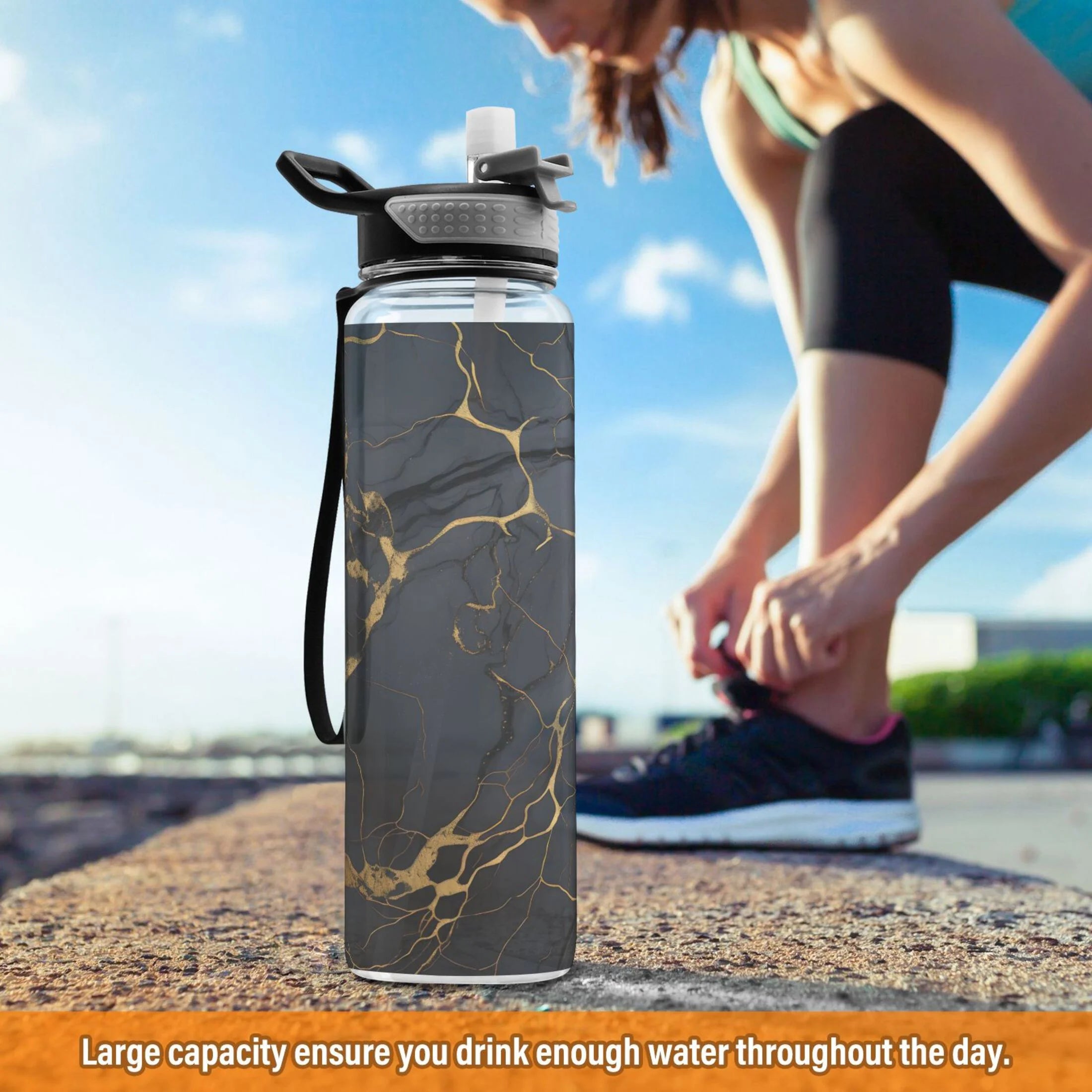 Black and Golden Marble 32oz Tritan Water Bottles with Straw C488422