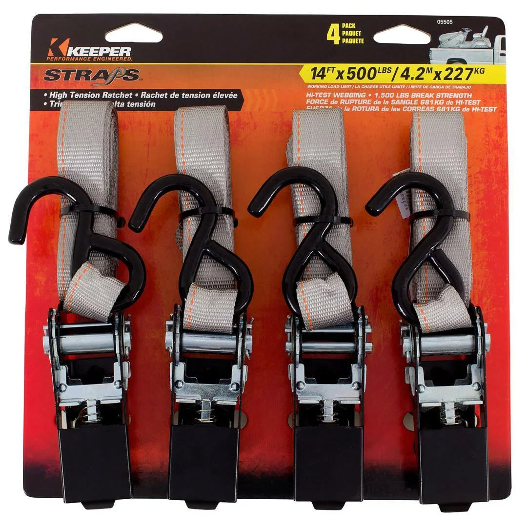 1” x 14' High Tension Ratchet Tie-Down with S Hooks, 4 Pack J720249