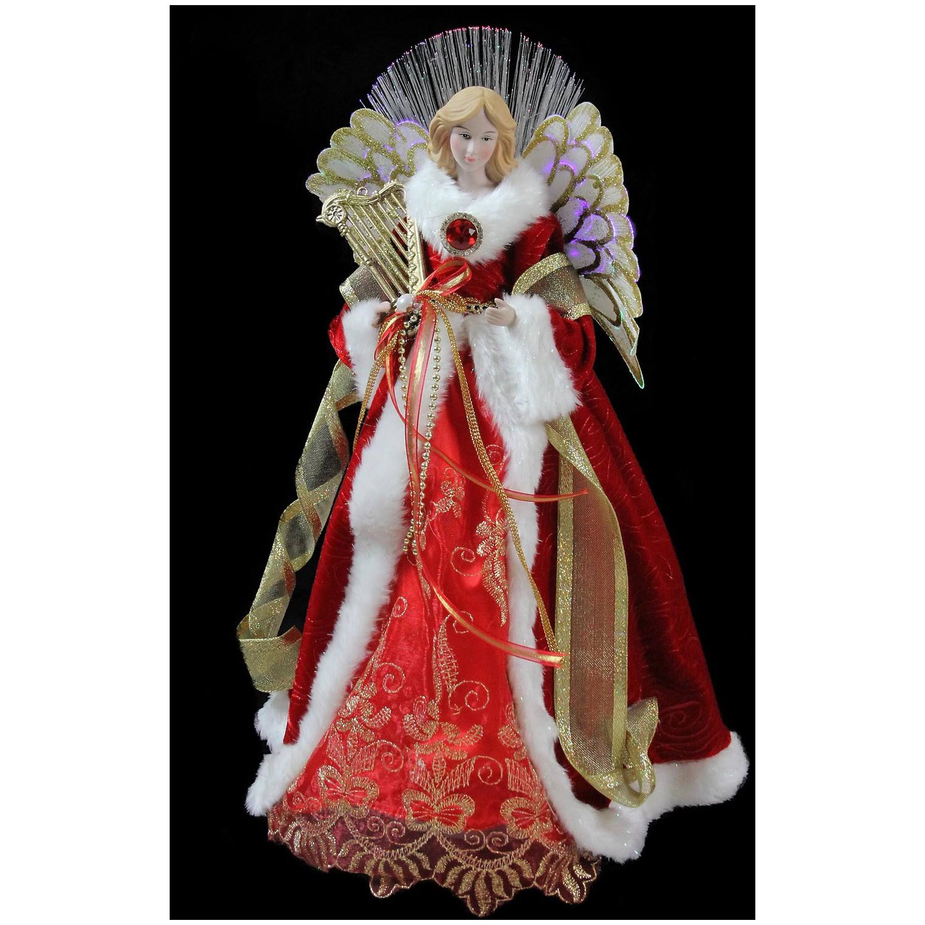 16x22 Lighted Fiber Optic Angel in Garnet Red Coat with Harp Christmas Tree Topper S100438