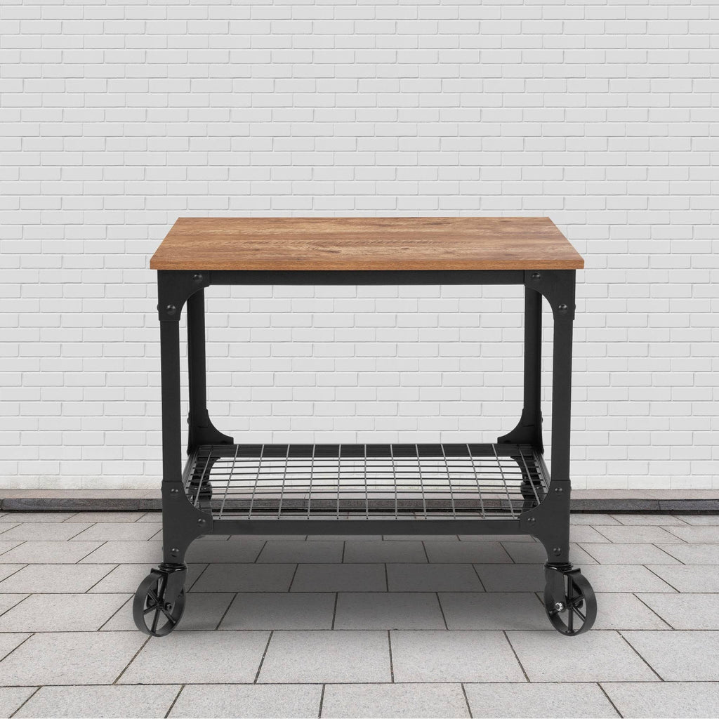 Rustic Wood Grain and Industrial Iron Kitchen Serving Bar Cart H44220
