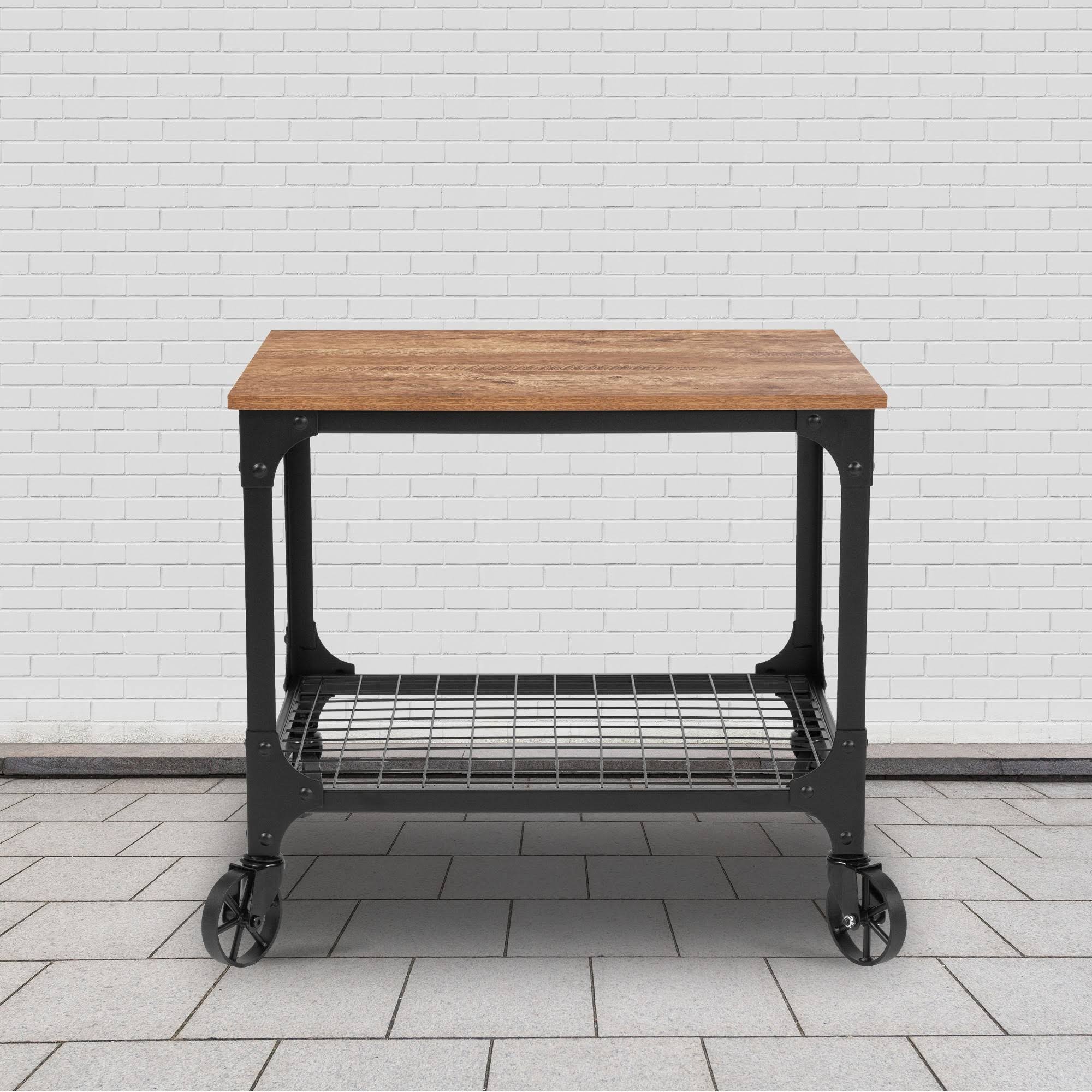 Rustic Wood Grain and Industrial Iron Kitchen Serving Bar Cart H44220