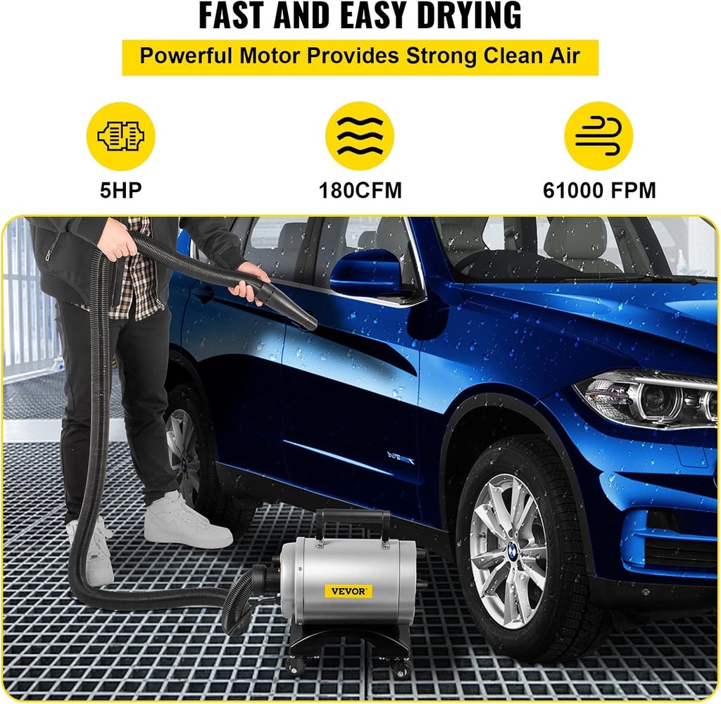 5.0HP 180 CFM 110V Car Air Dryer Blower with Casters, 20 Ft Hose, 2 Nozzles U71082