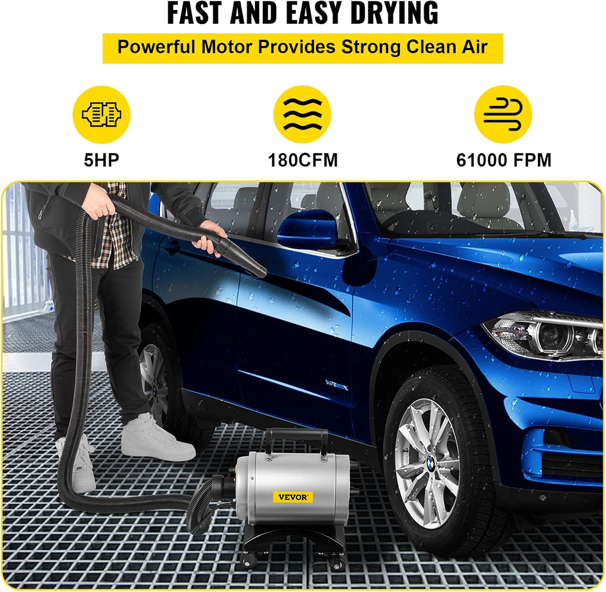 5.0HP 180 CFM 110V Car Air Dryer Blower with Casters, 20 Ft Hose, 2 Nozzles U71082