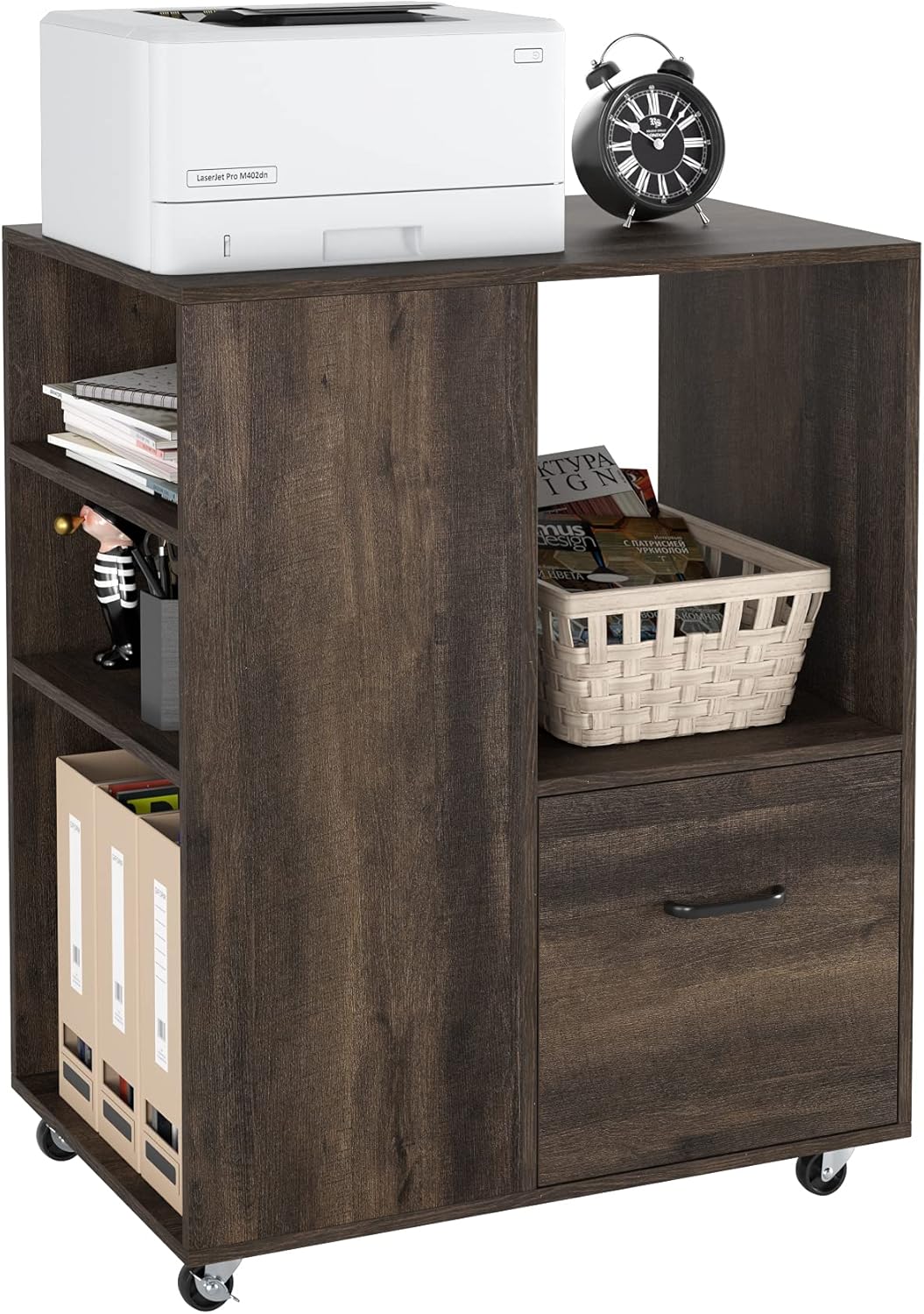 White Wood Mobile File Cabinet with Drawer and Rolling Wheels U866