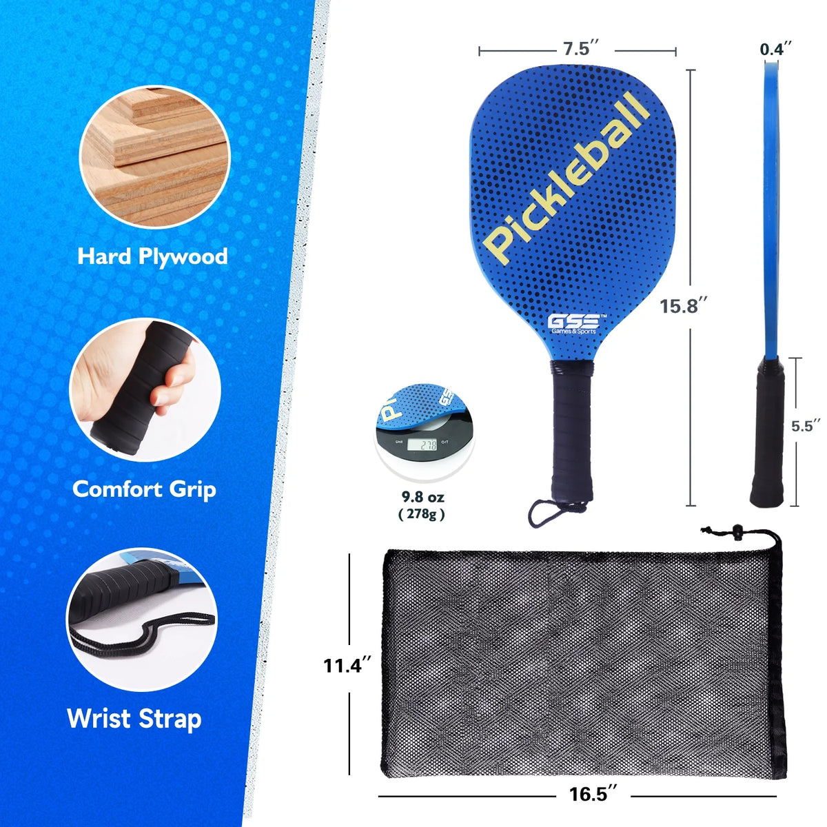 Hardwood Pickleball Paddle Set with Pickleball and Carry Bag - 4 Paddles / 6 Balls Z435