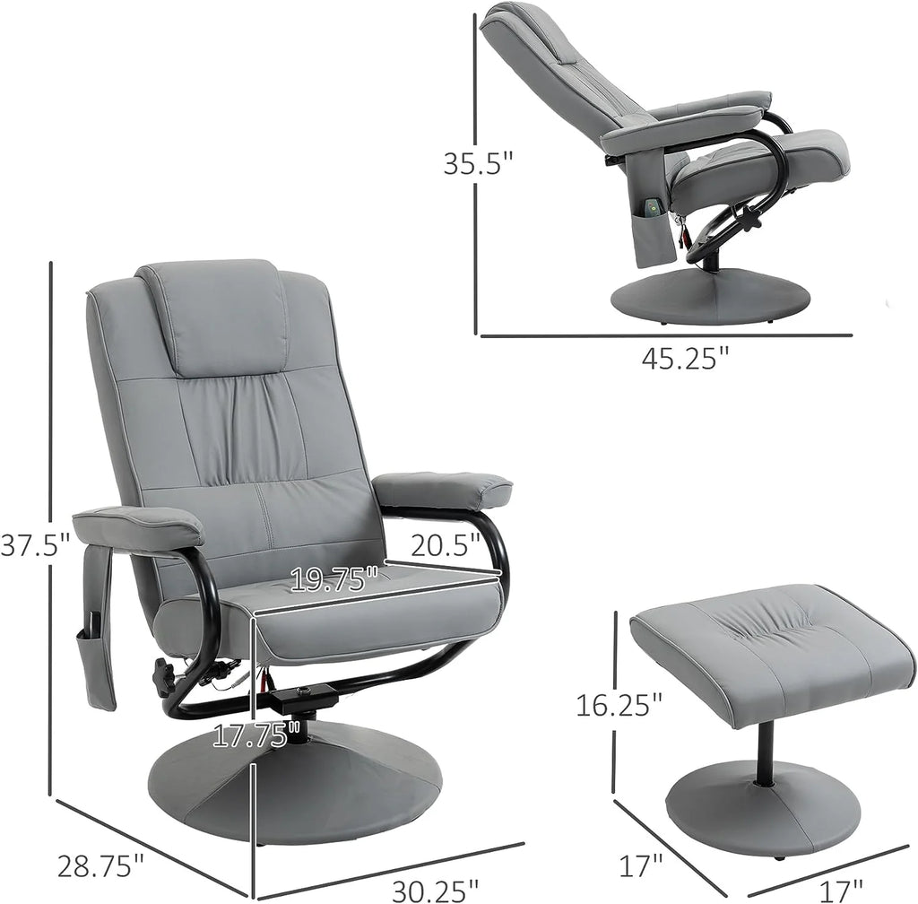 Gray Faux Leather Swivel Massage Recliner Chair and Ottoman Set J906911