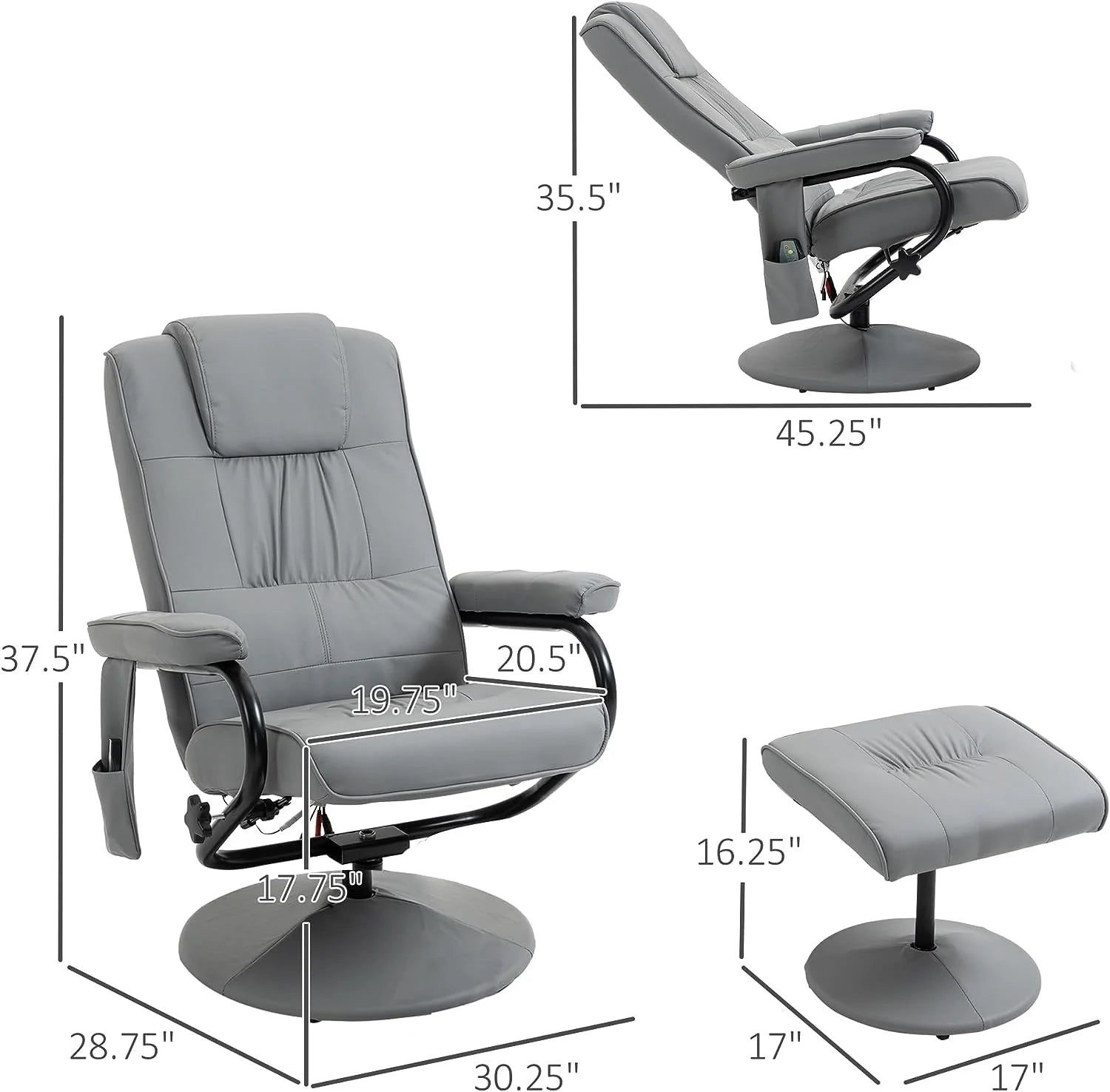 Gray Faux Leather Swivel Massage Recliner Chair and Ottoman Set J906911