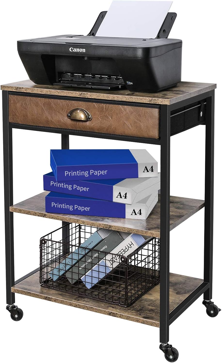 Rustic Brown 3 Tier Printer Cart with Drawer M765