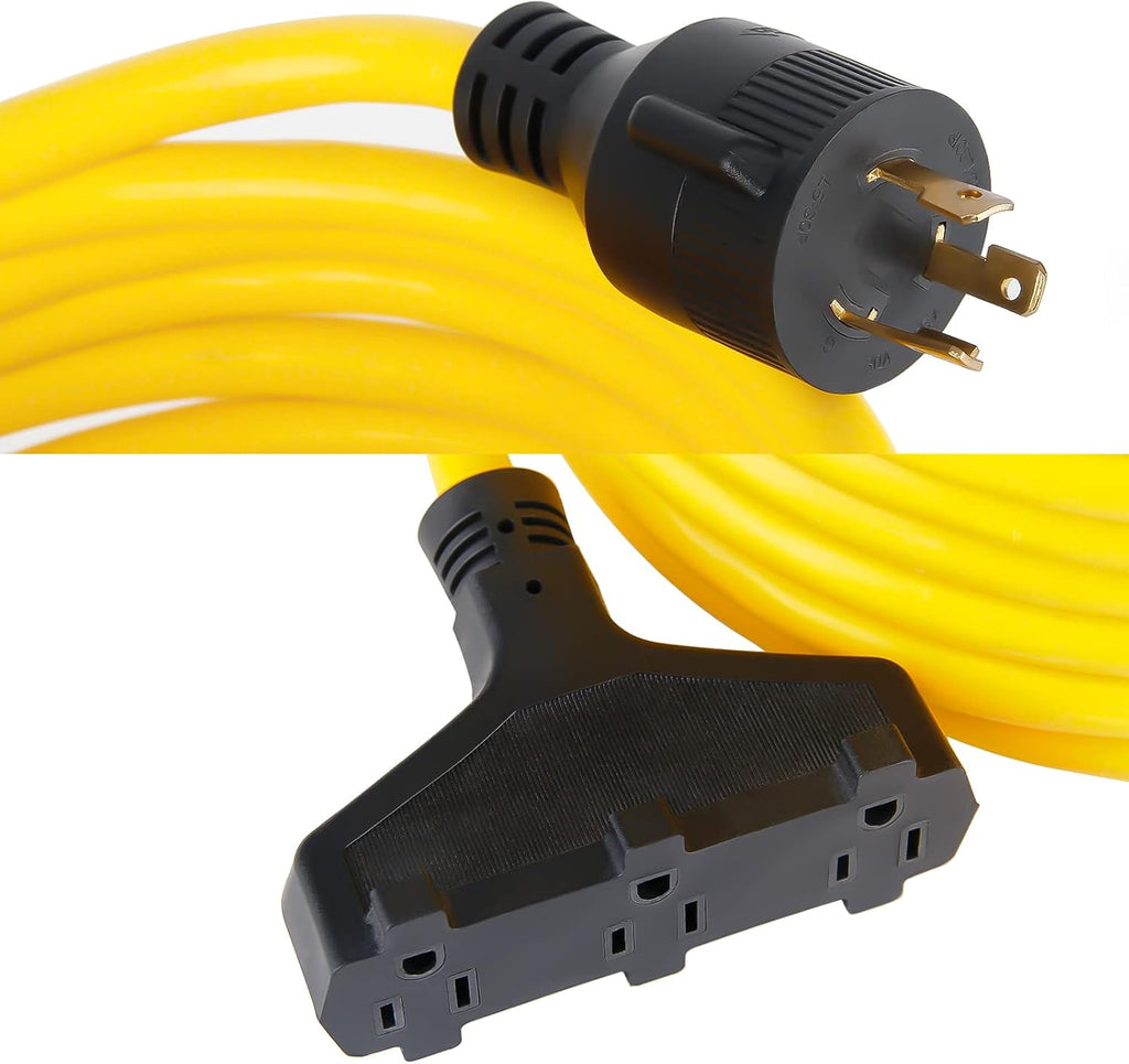 25ft Heavy Duty Generator Power Extension Cord with Cord Organizer, 3 Outlet 10 Gauge Flexible Power Cable Pack of 2 X60503
