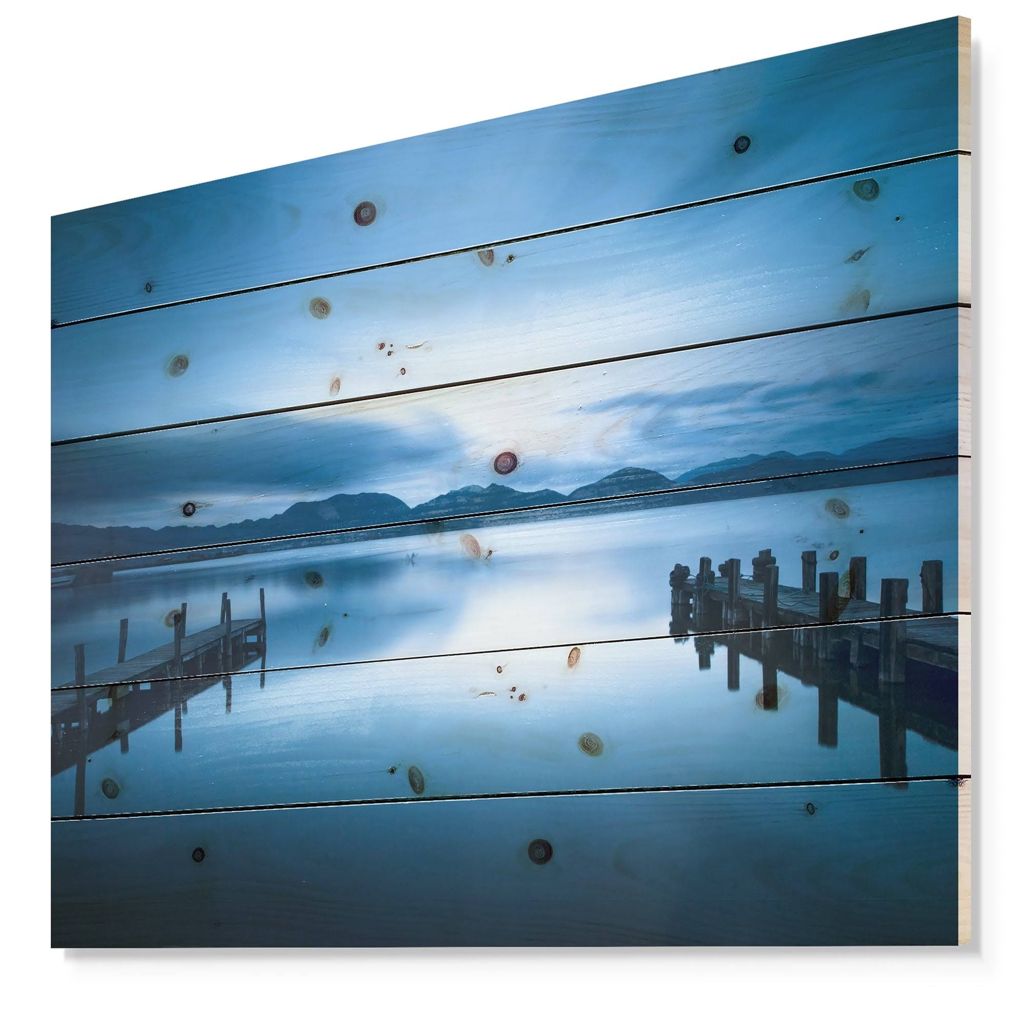 Dark Blue Sea and Piers Seascape Print on Natural Pine Wood J215