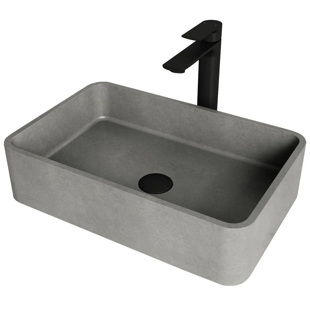 Rectangular Bathroom Vessel Sink in Gray with Faucet and Pop-Up Drain in Matte Black R898322
