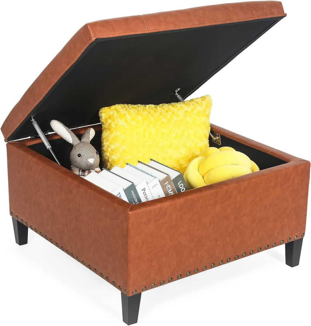 Camel Faux Leather Storage Ottoman Bench with Wood Legs V491423