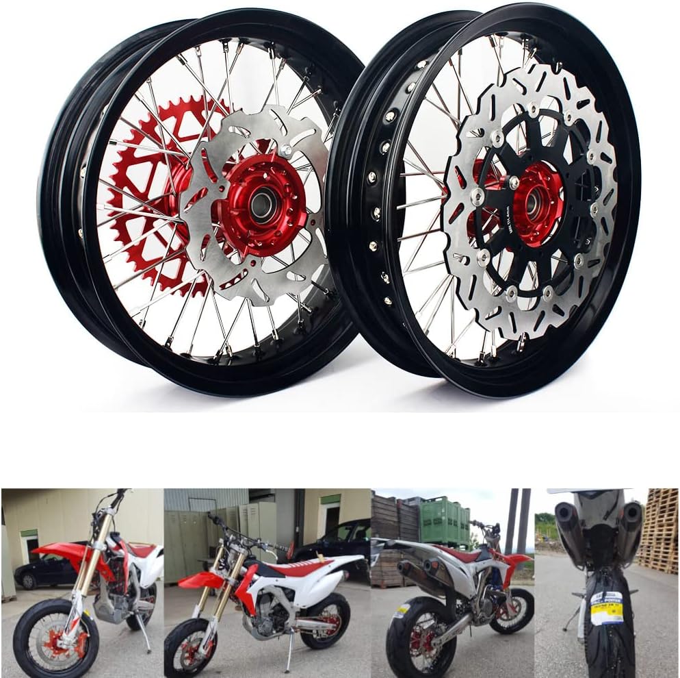 17" Supermoto Wheel Set with Brake Rotors and Rear Sprocket T7617