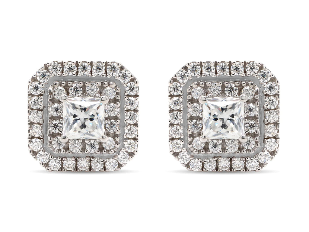 1 Carat Princess & Round Cut Lab Created Moissanite Double Halo Stud Earrings In 14K Rose Gold Over Sterling Silver M300001