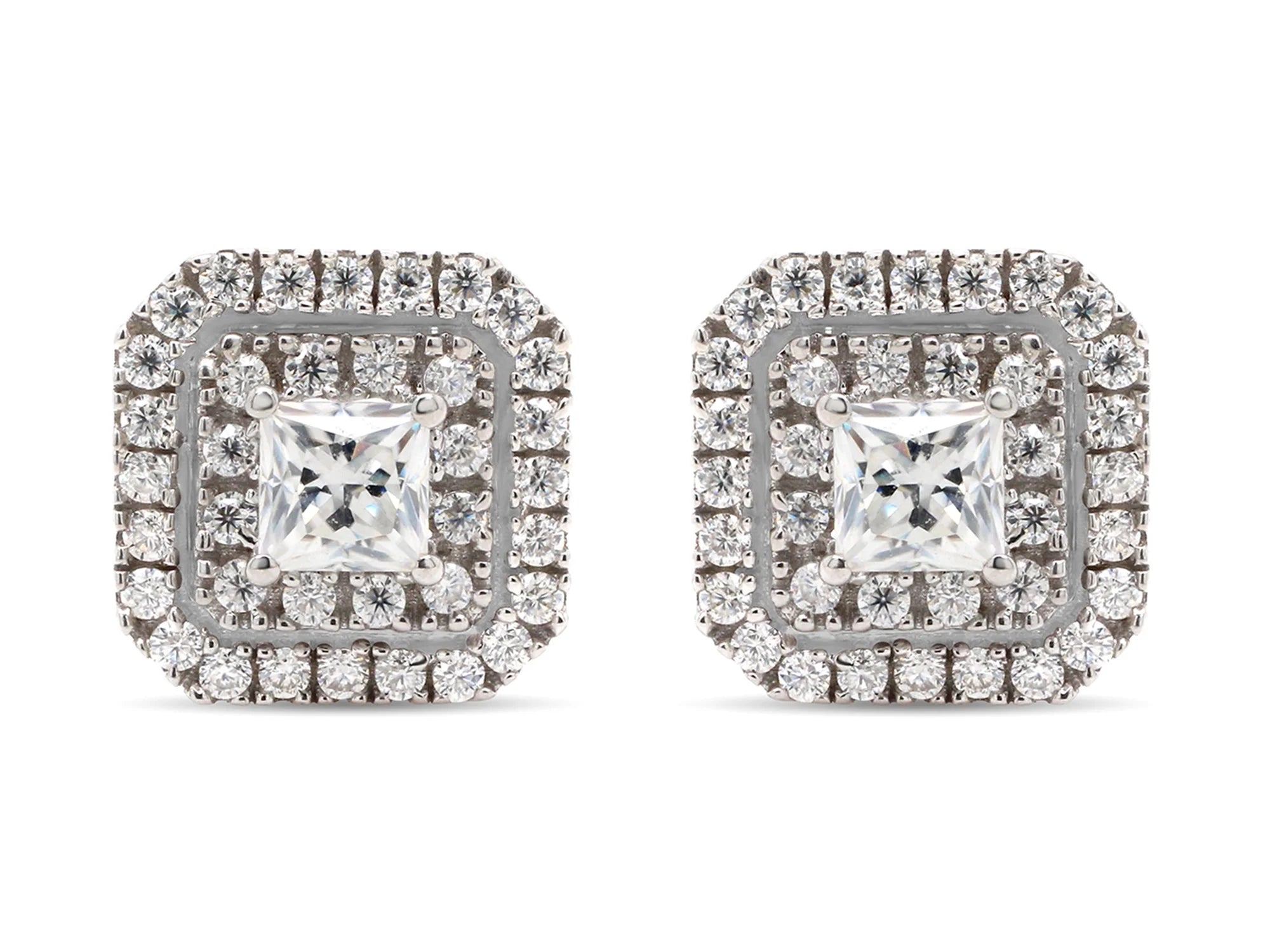 1 Carat Princess & Round Cut Lab Created Moissanite Double Halo Stud Earrings In 14K Rose Gold Over Sterling Silver M300001
