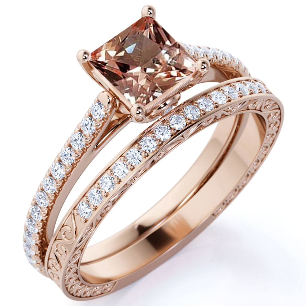 Princess Cut Pink Champagne Morganite Vintage Wedding Ring Set in 10K Rose Gold U226