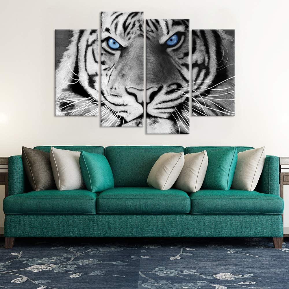 4 Panel Black And White Tiger Canvas Wall Art Stretched And Framed E435