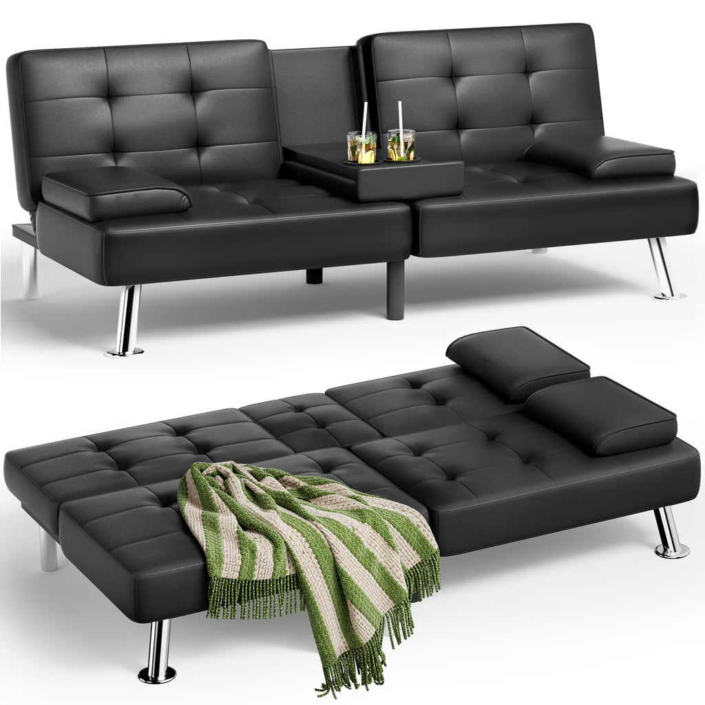 Black Faux Leather Convertible Futon Sofa Bed with Removable Armrests A693273