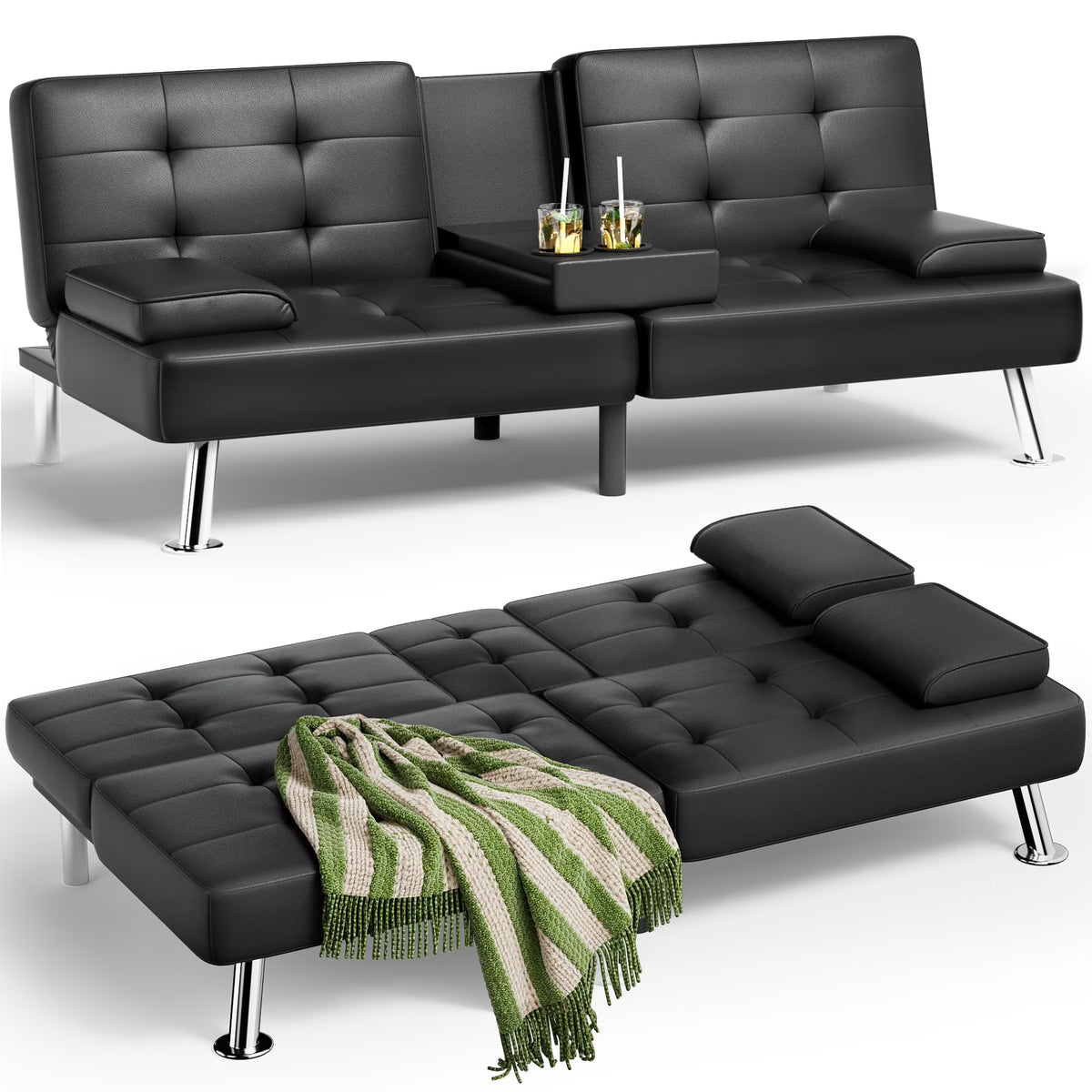 Black Faux Leather Convertible Futon Sofa Bed with Removable Armrests A693273