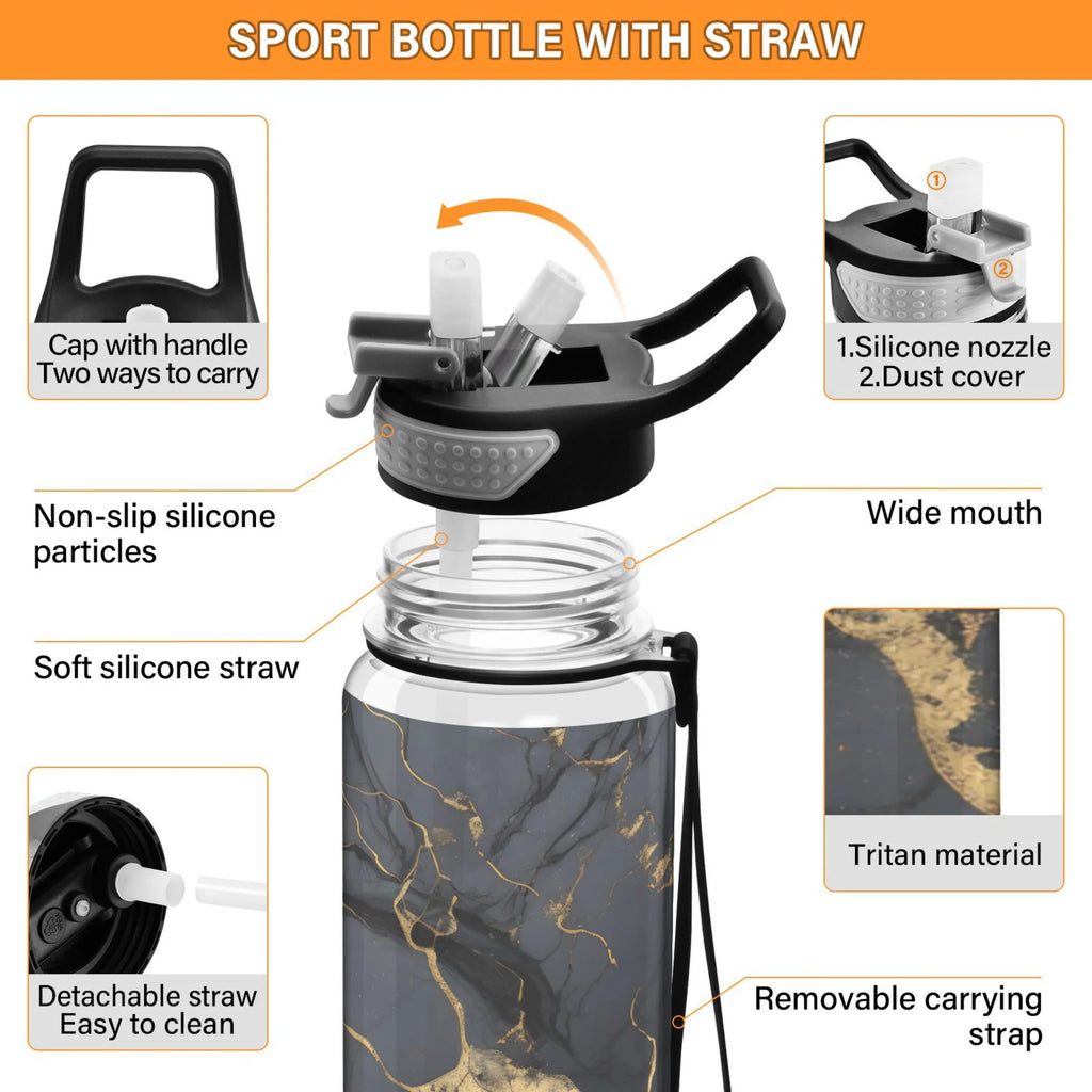 Black and Golden Marble 32oz Tritan Water Bottles with Straw C488422