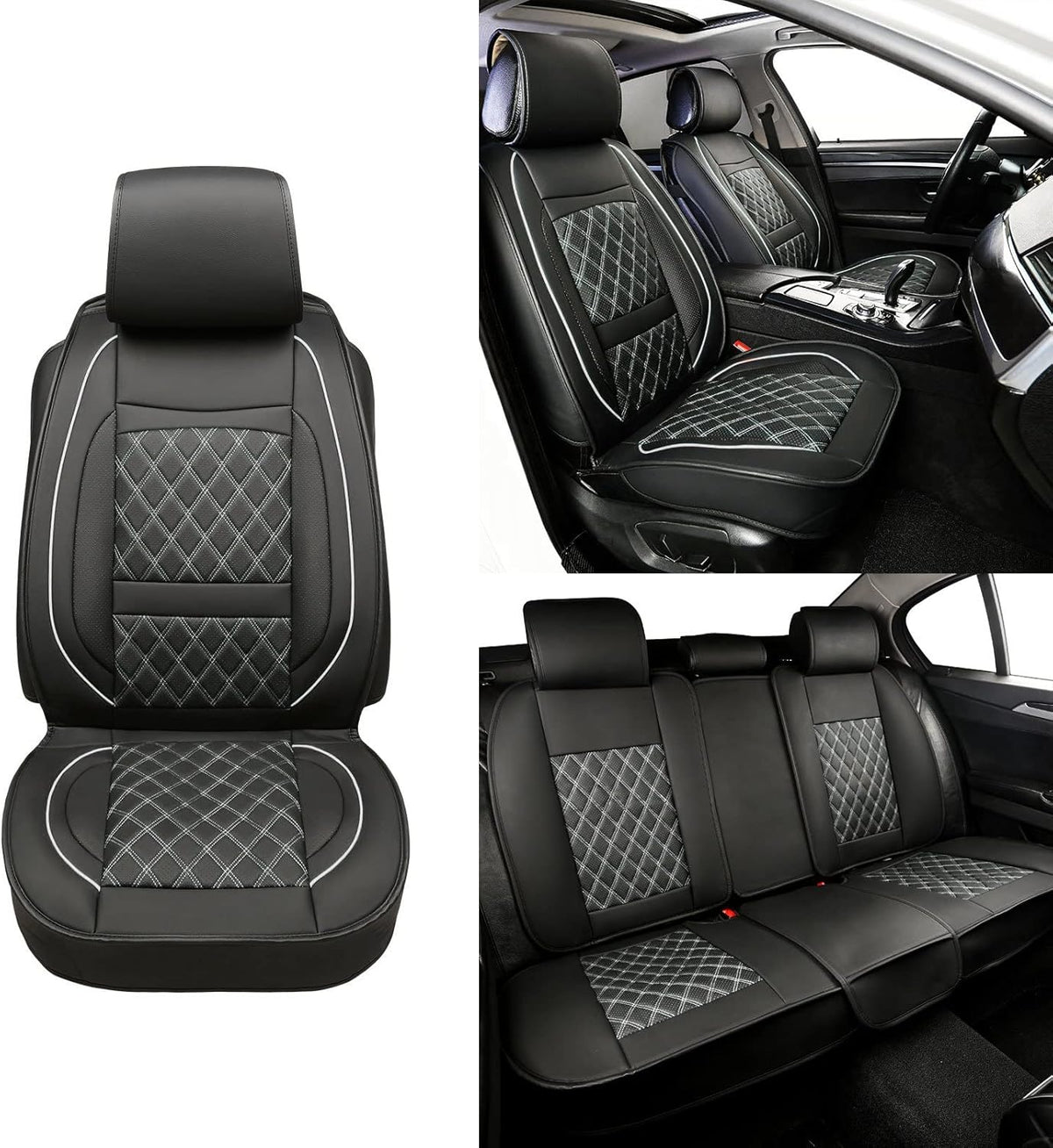 5 Car Seat Covers Black and Blue Leather Full Seat with 2 Car Backseat Storage Waterproof F71152