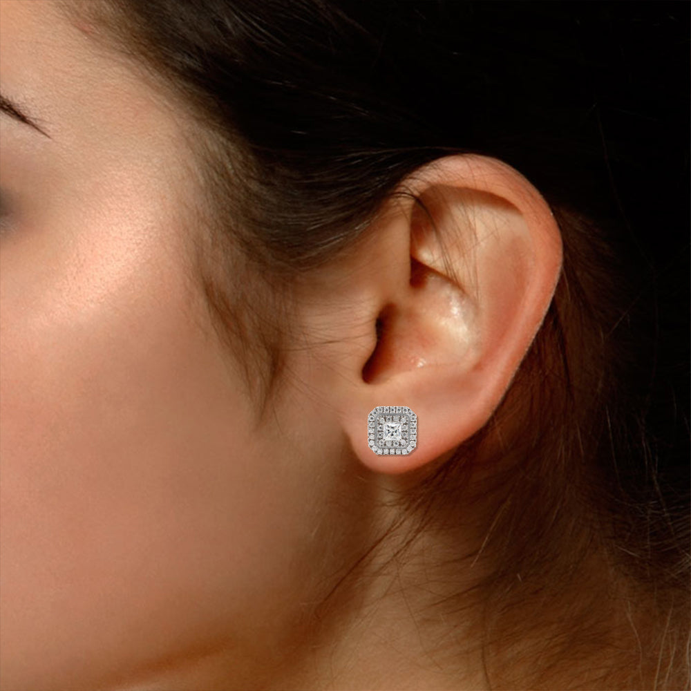 1 Carat Princess & Round Cut Lab Created Moissanite Double Halo Stud Earrings In 14K Rose Gold Over Sterling Silver M300001