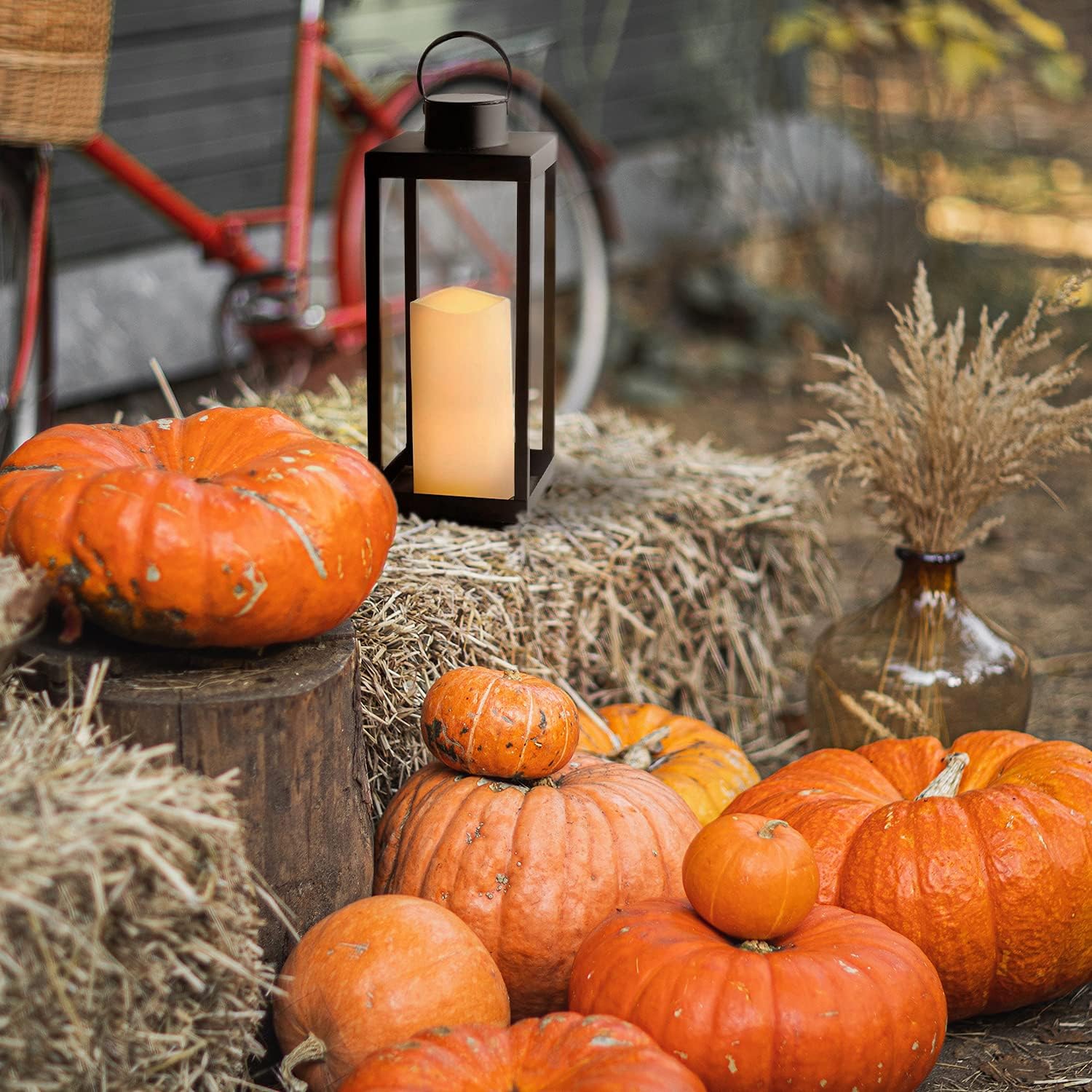 Large Outdoor Lantern with Solar Candle, 18 Inch Tall, Matte Black Metal Frame M3187