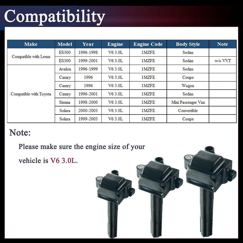 Set of 3 Ignition Coil Pack for Toyota Camry 1996-2001 Solara Sienna Avalon Lexus ES300 V6 3.0L N106
