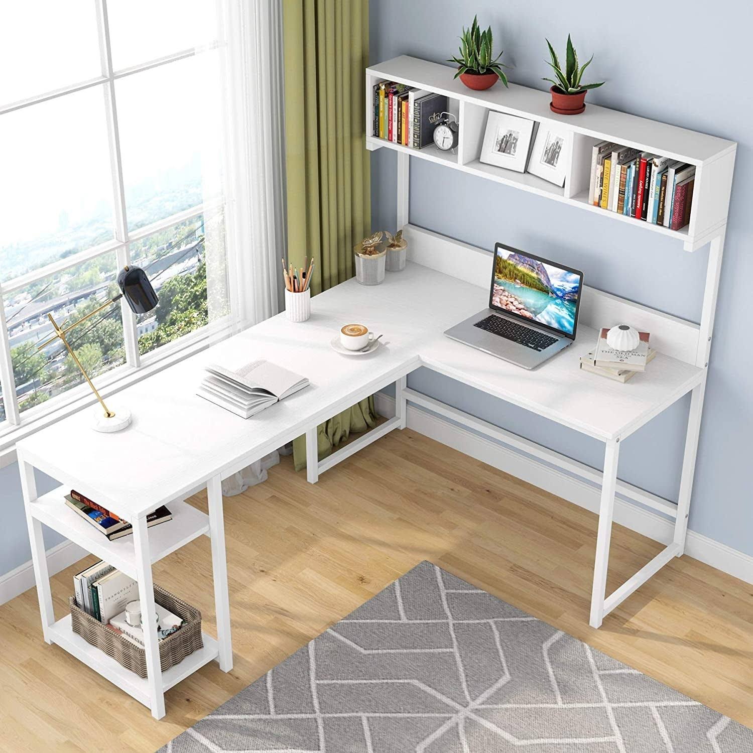L Shaped Desk with Storage Hutch Shelf W1026