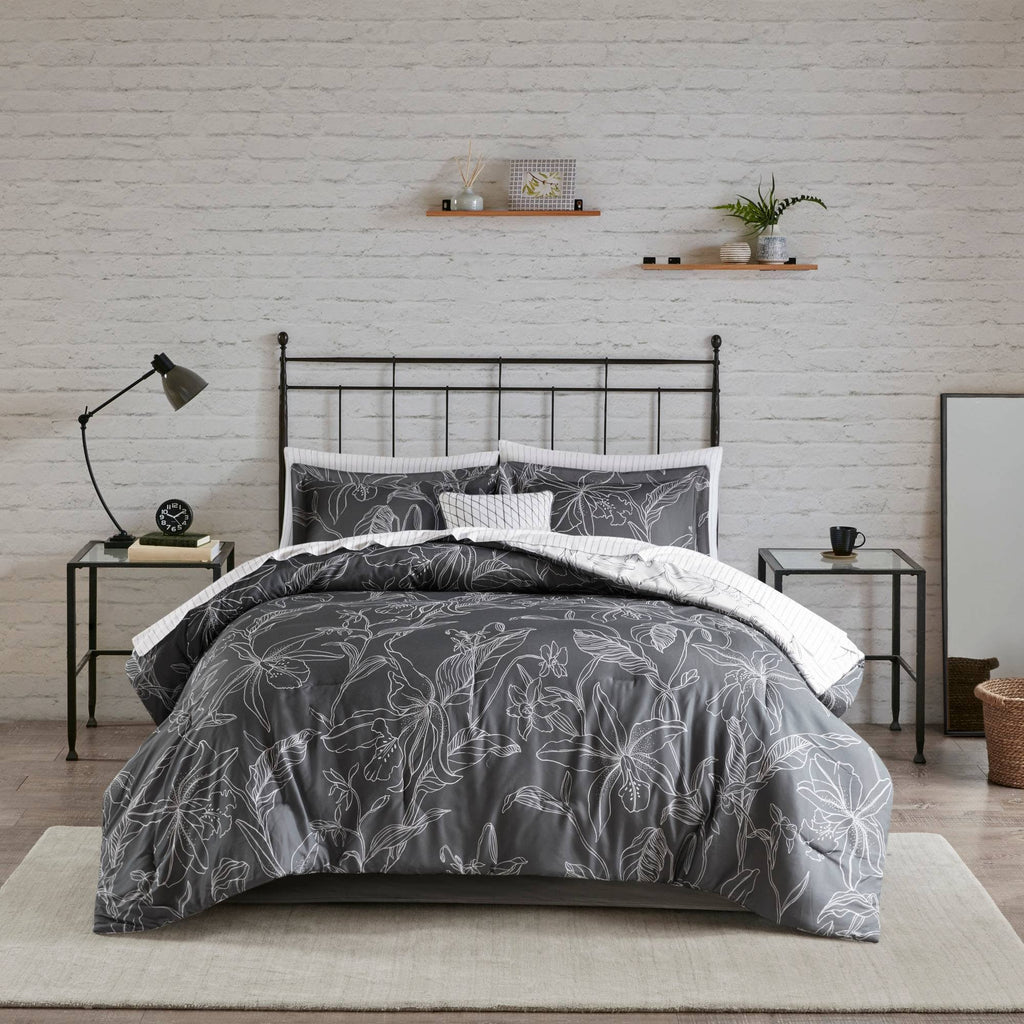 Full White/ Charcoal Reversible Complete Bedding Set with Cotton Sheet C2014