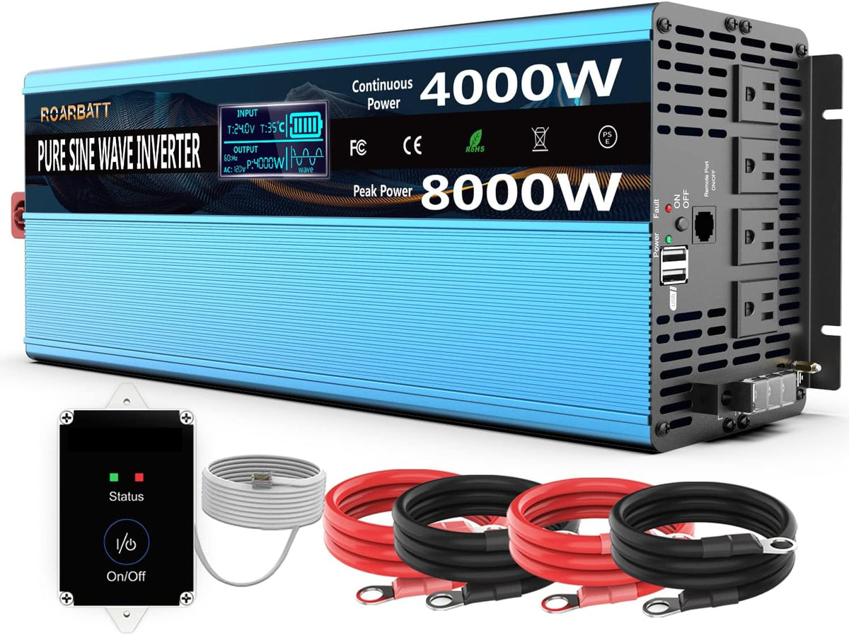 Pure Sine Wave Power Inverter 4000 Watt 12V DC to AC 110V 120V with Remote Control 4 AC Outlets and Dual USB Port M36650