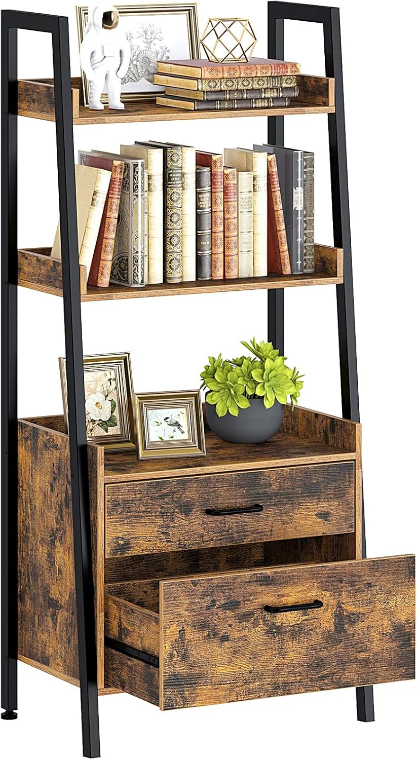 Rustic Brown 3 Tier Ladder Shelf with 2 Drawers T6597