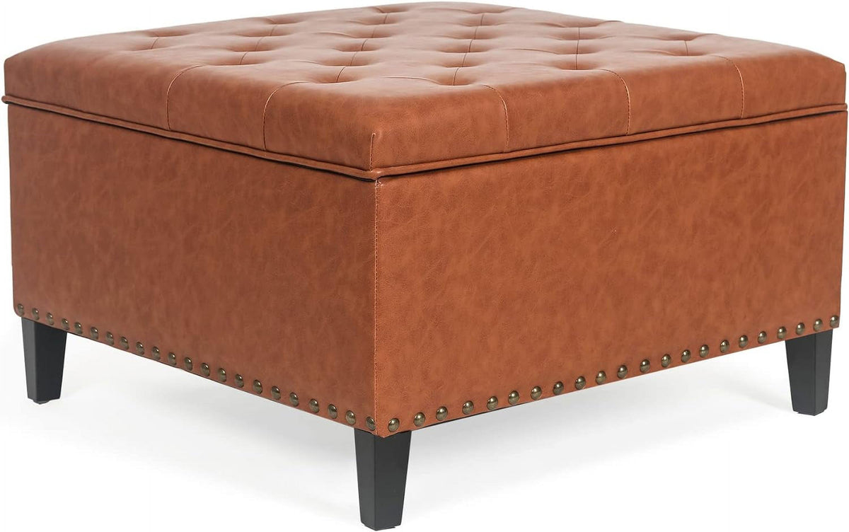 Camel Faux Leather Storage Ottoman Bench with Wood Legs V491423