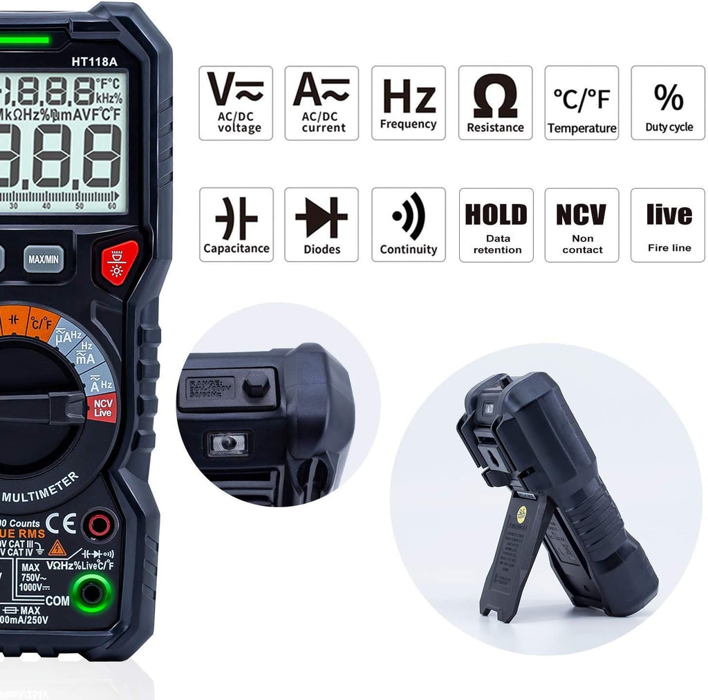 TRMS 6000 Counts Digital Multimeter with 5PCS Alligator Clips Electrical Test Leads Set, Measures Voltage Current Amp Resistance Diodes Continuity Duty-Cycle Capacitance, Pack of 2 R379319