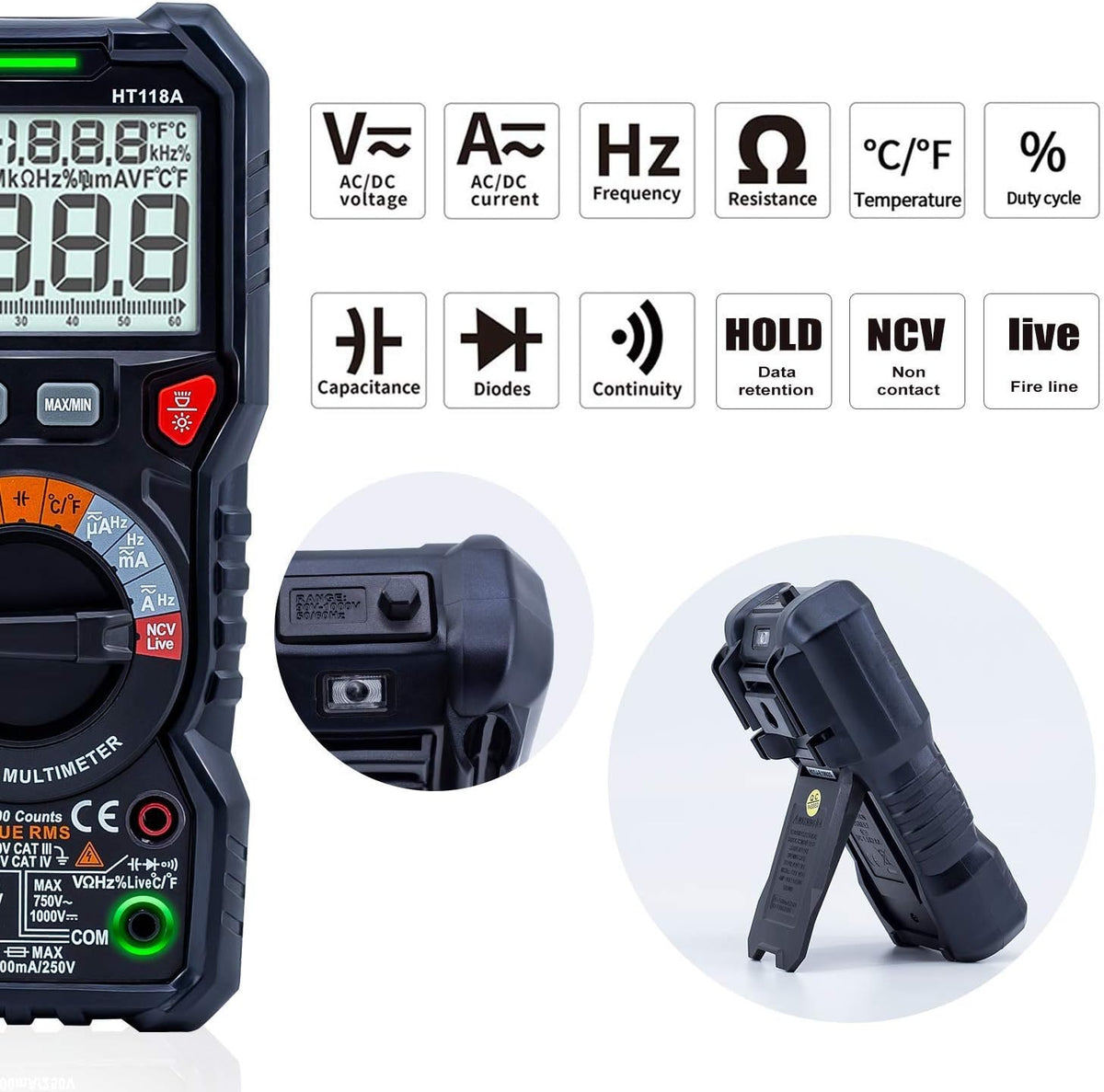 TRMS 6000 Counts Digital Multimeter with 5PCS Alligator Clips Electrical Test Leads Set, Measures Voltage Current Amp Resistance Diodes Continuity Duty-Cycle Capacitance, Pack of 2 R379319