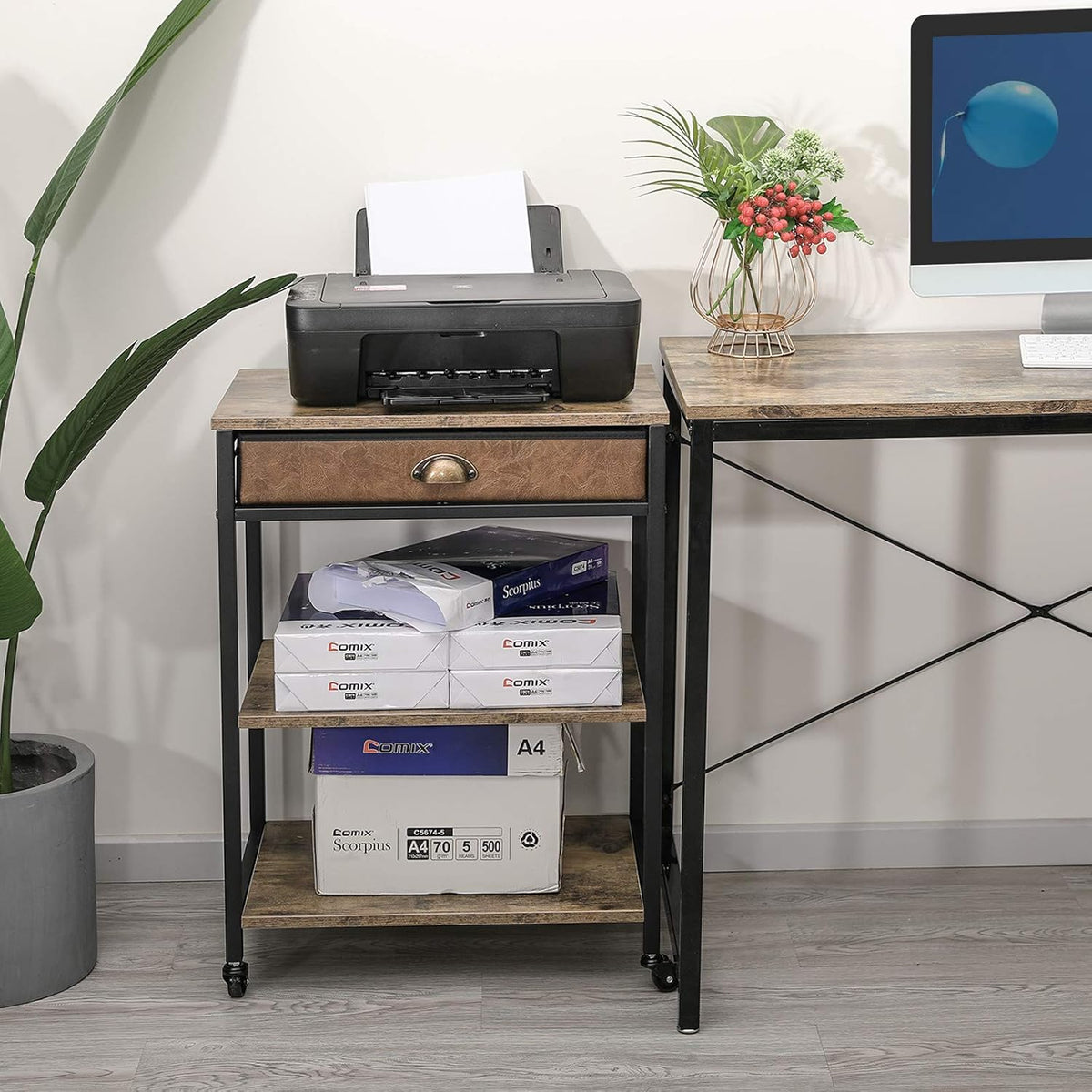 Rustic Brown 3 Tier Printer Cart with Drawer M765