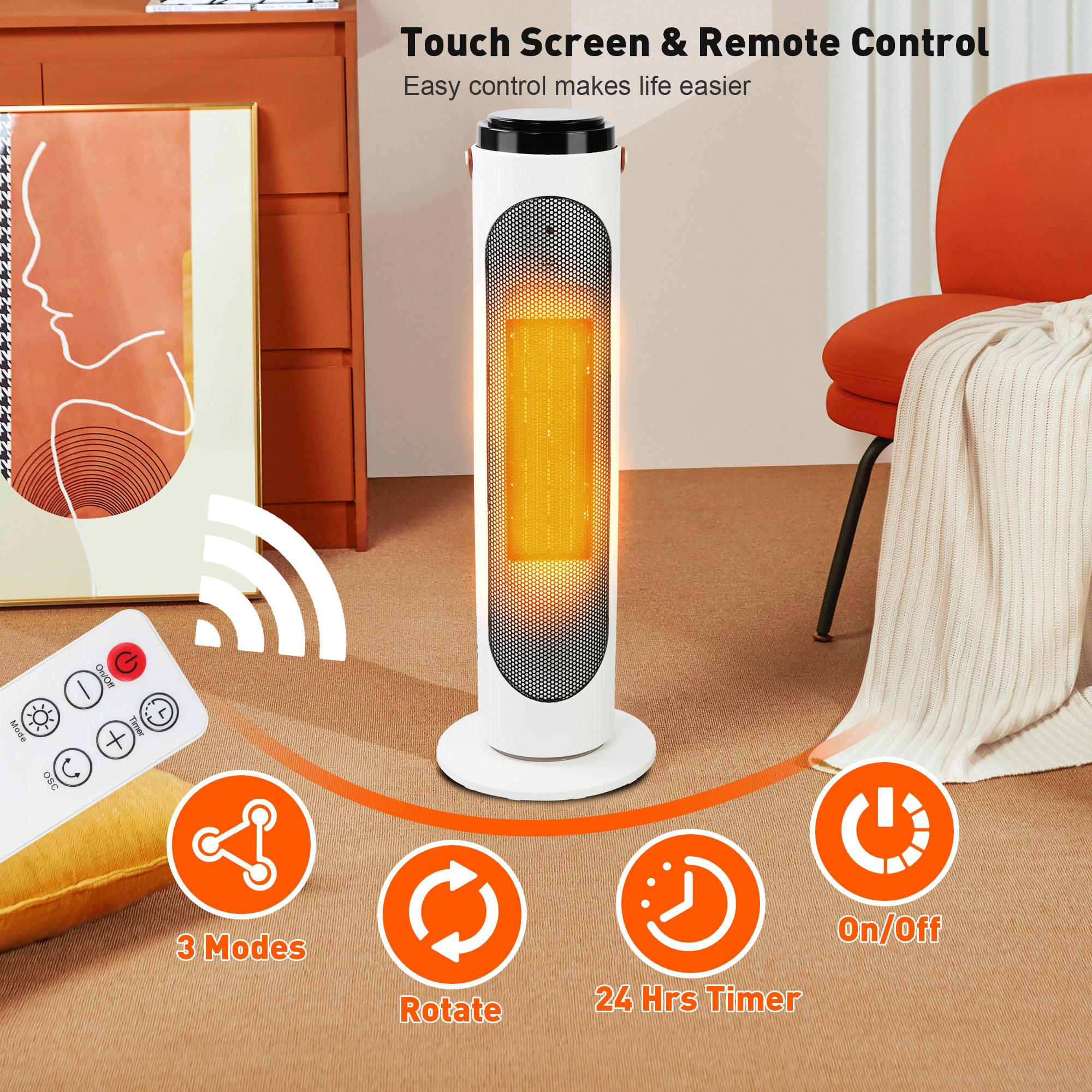 1500W PTC Oscillating Ceramic Space Heater with Remote, 24h Timer D90055