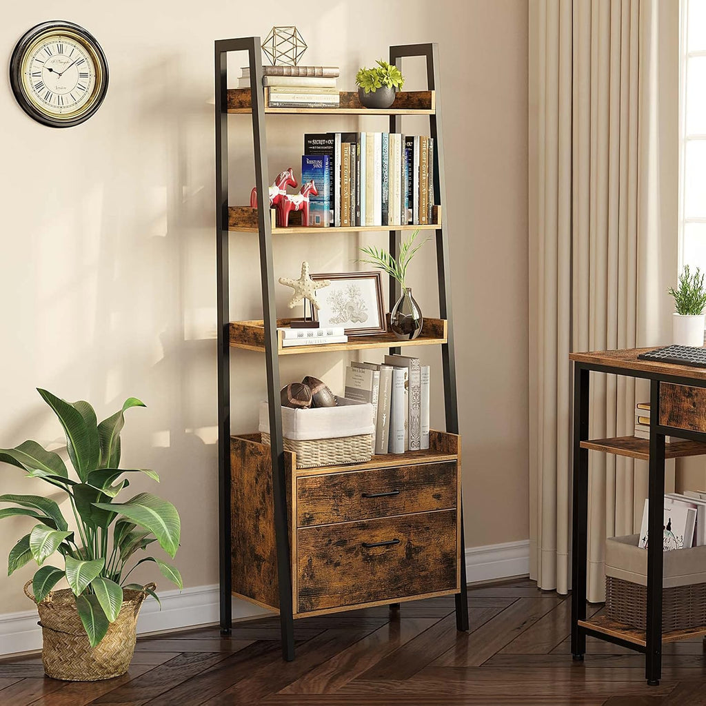 Rustic Brown 3 Tier Ladder Shelf with 2 Drawers T6597