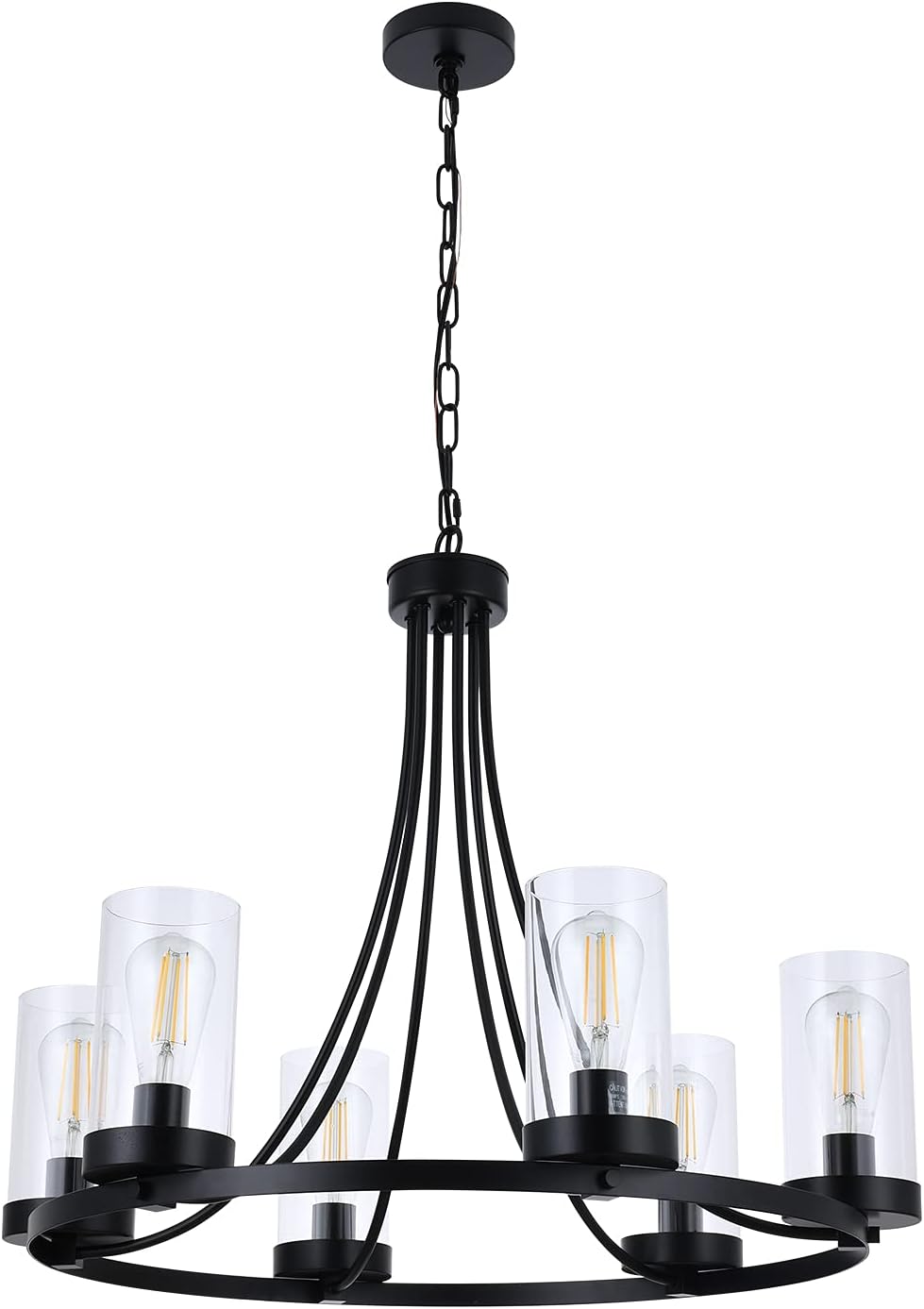 6-Light Farmhouse Chandelier with Cylinder Clear Glass, Black T354566