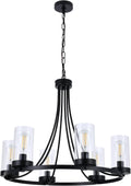 6-Light Farmhouse Chandelier with Cylinder Clear Glass, Black T354566