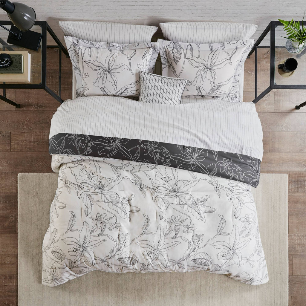 Full White/ Charcoal Reversible Complete Bedding Set with Cotton Sheet C2014