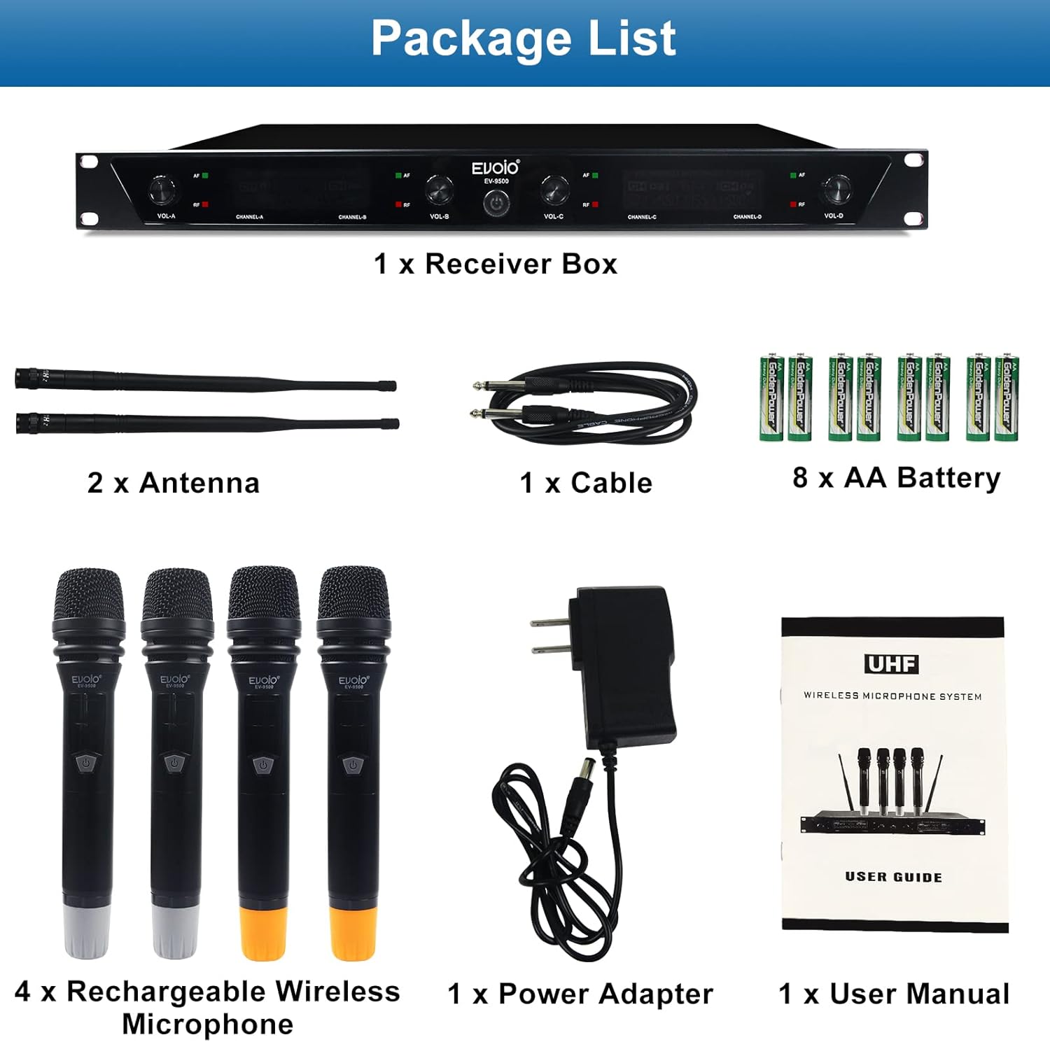 4 Adjustable Channel UHF Wireless Microphone System with 4 Metal Handheld Mics J99226