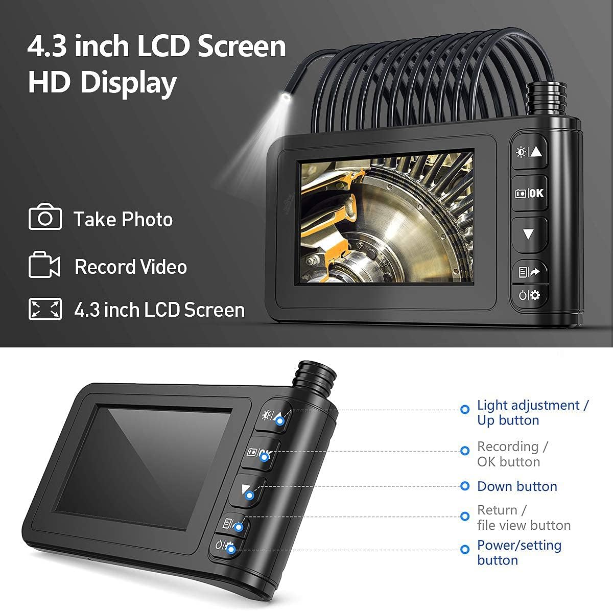 Industrial Endoscope 33FT, IP67 Waterproof 4.3 LCD Screen HD Snake Camera with 6 LED Lights, Semi-Rigid Cable V84395