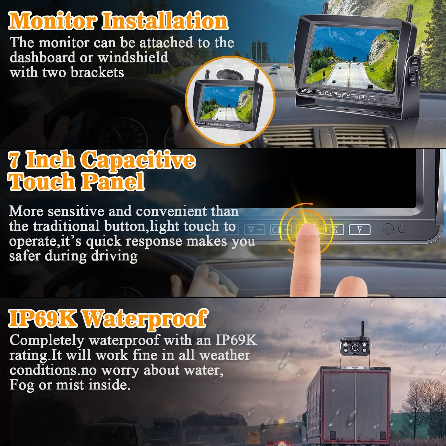 7" Touch Key DVR Monitor HD 1080P Bluetooth Backup Camera with IR Night Vision F632