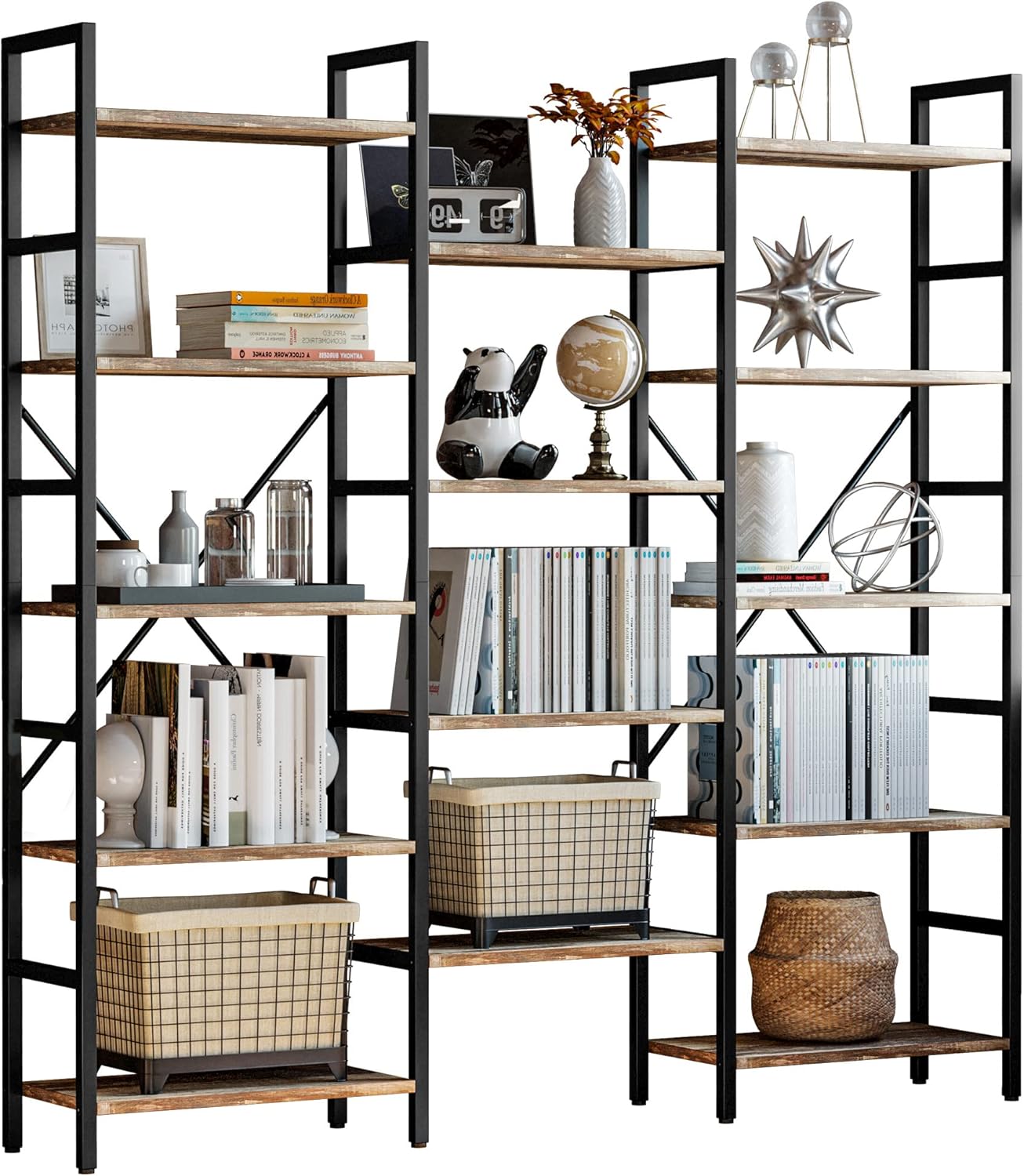 Triple Wide 5 Tiers Industrial Bookshelf with Metal Frame V663